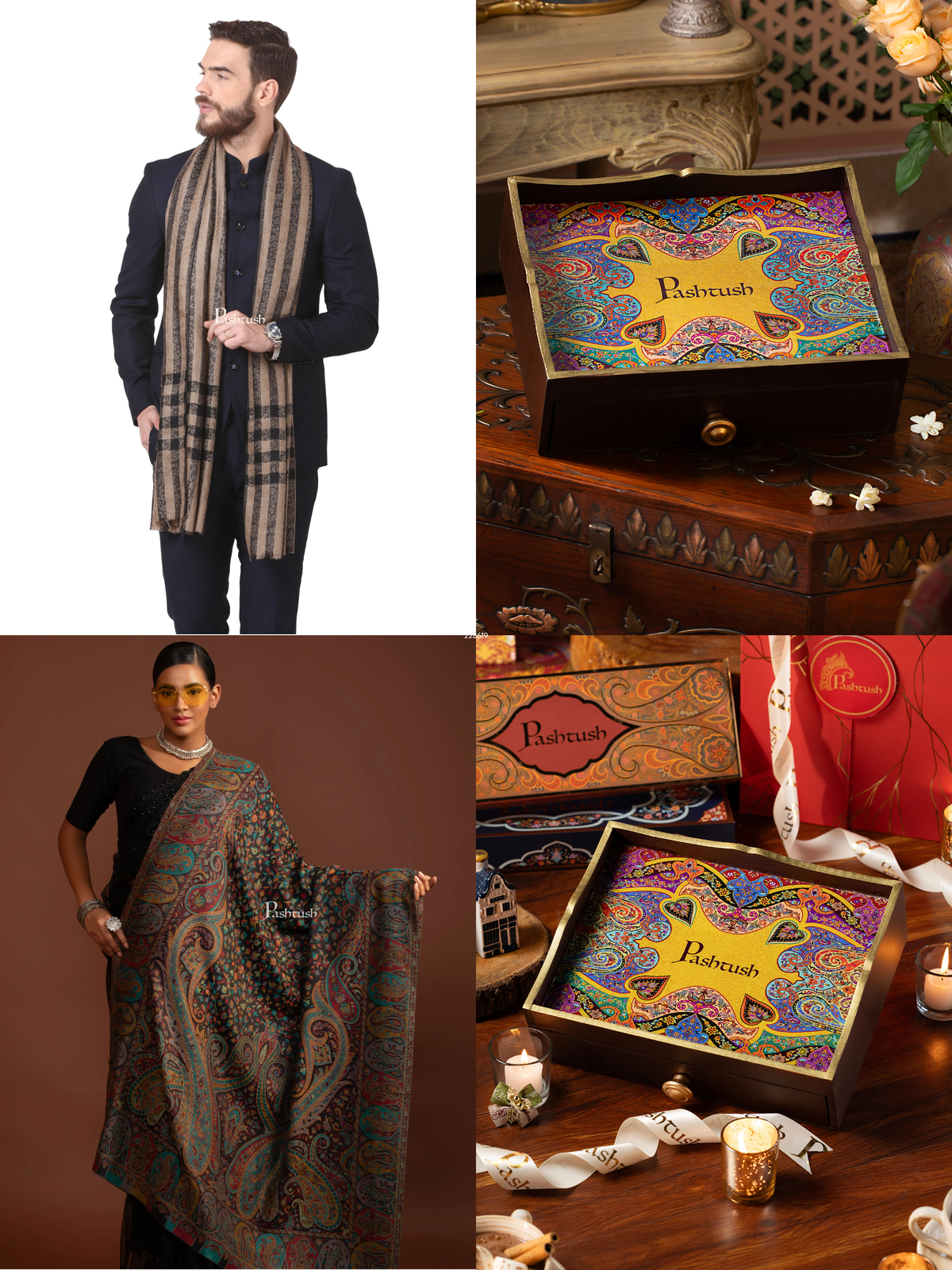 Pashtush His and Her Gift Set of Mens Fine Wool Stole and Womens Jamawar Shawl, Black, Packaged in Keepsake Wooden Chester Gift Box