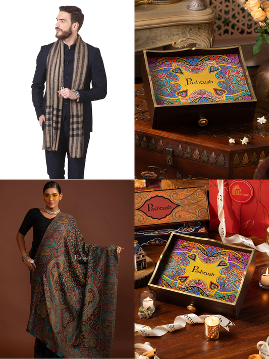 Pashtush His and Her Gift Set of Mens Fine Wool Stole and Womens Jamawar Shawl, Black, Packaged in Keepsake Wooden Chester Gift Box