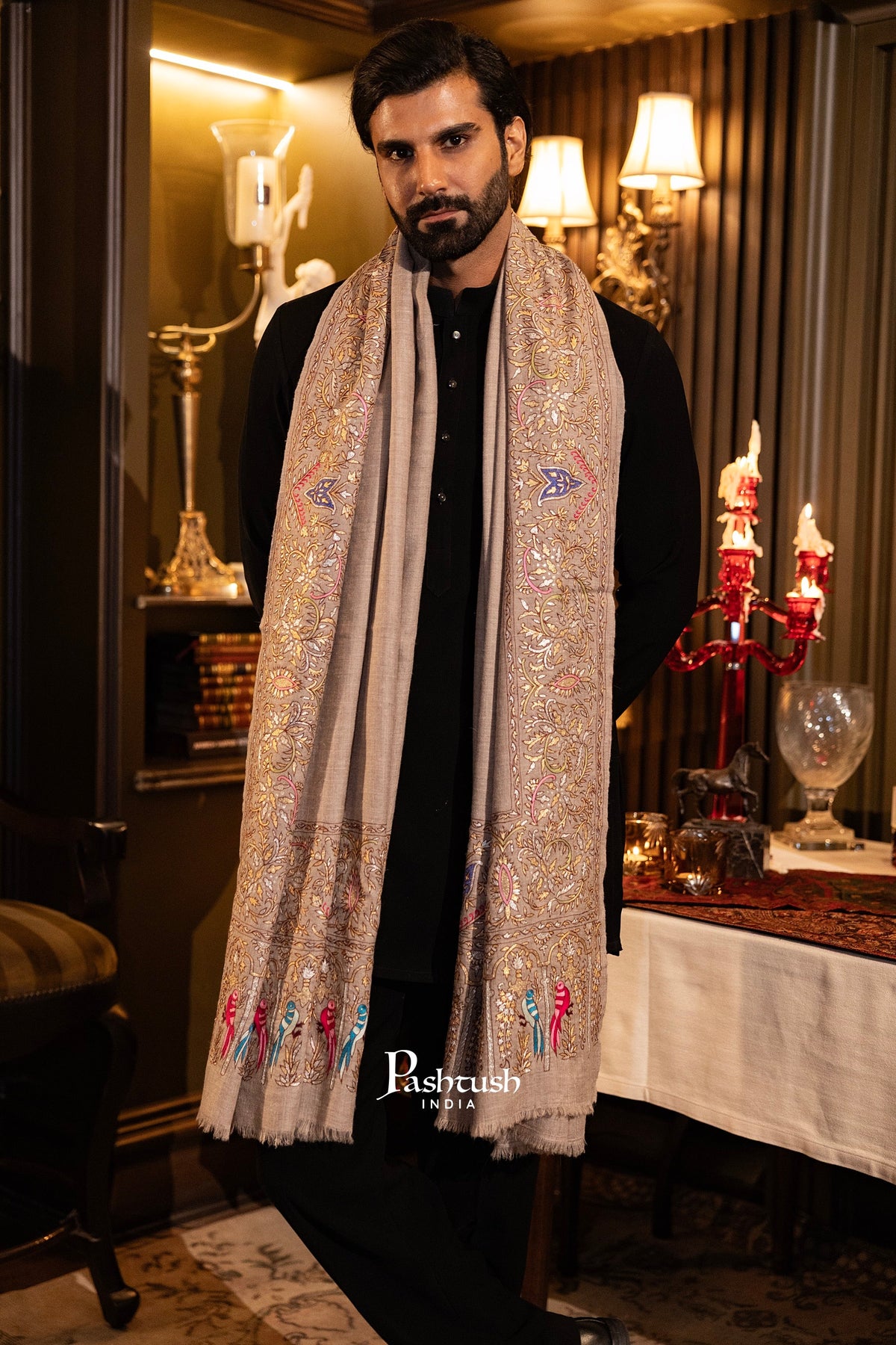 Pashtush Men's Pashmina Shawl, Kashmiri Tilla Work, Handloom, Medium Size, taupe