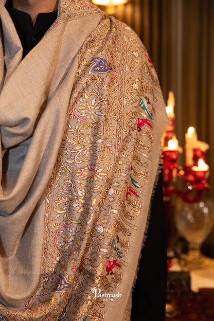 Pashtush Men's Pashmina Shawl, Kashmiri Tilla Work, Handloom, Medium Size, taupe