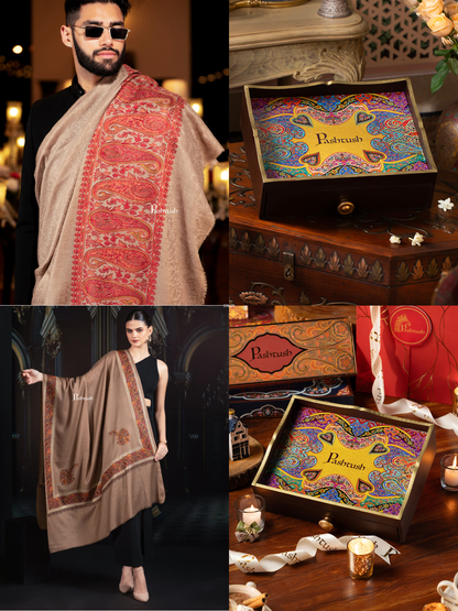 Pashtush His and Her Gift Set of Mens Palla Embroidery Shawl and Womens Fine Wool Tilla Border Shawls, Taupe, Packaged in Keepsake Wooden Chester Gift Box