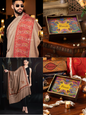 Pashtush His and Her Gift Set of Mens Palla Embroidery Shawl and Womens Fine Wool Tilla Border Shawls, Taupe, Packaged in Keepsake Wooden Chester Gift Box