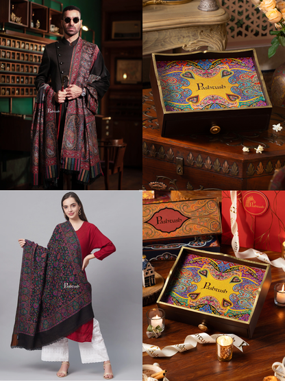Pashtush His and Her Gift Set of Mens Fine Wool Shawl and Womens Pure Wool Shawl, Black, Packaged in Keepsake Wooden Chester Gift Box