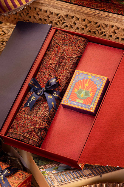 Pashtush India Gift Pack Pashtush Gift Set of Jamawar Stole with Phool Star Diya, Premium Gift Box Packaging