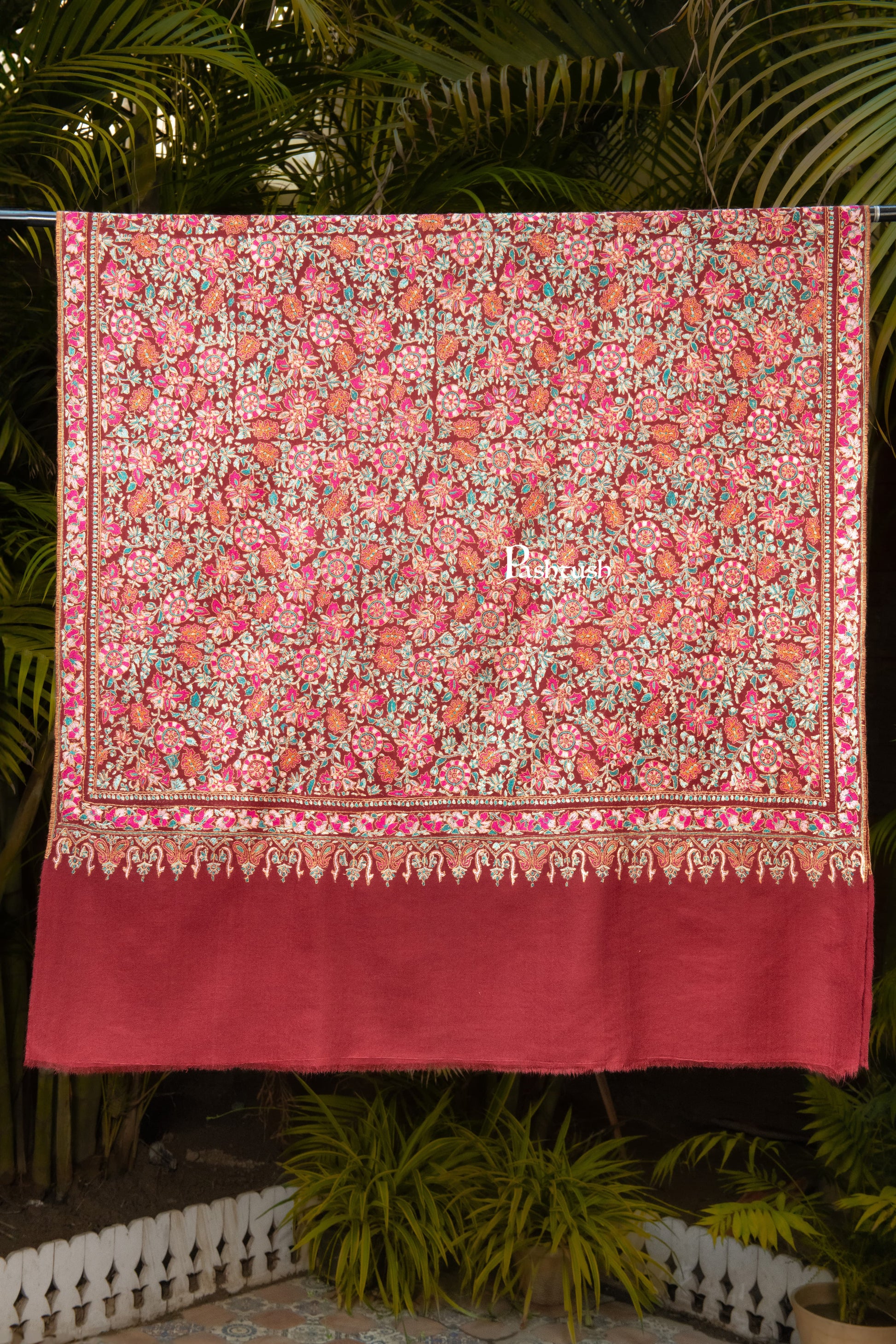 Pashtush India Womens Shawls Pashtush Womens Pure Pashmina Shawl, Papier Mache Hand Embroidery, Hand Woven, Gulabdaar Design, Scarlet Red