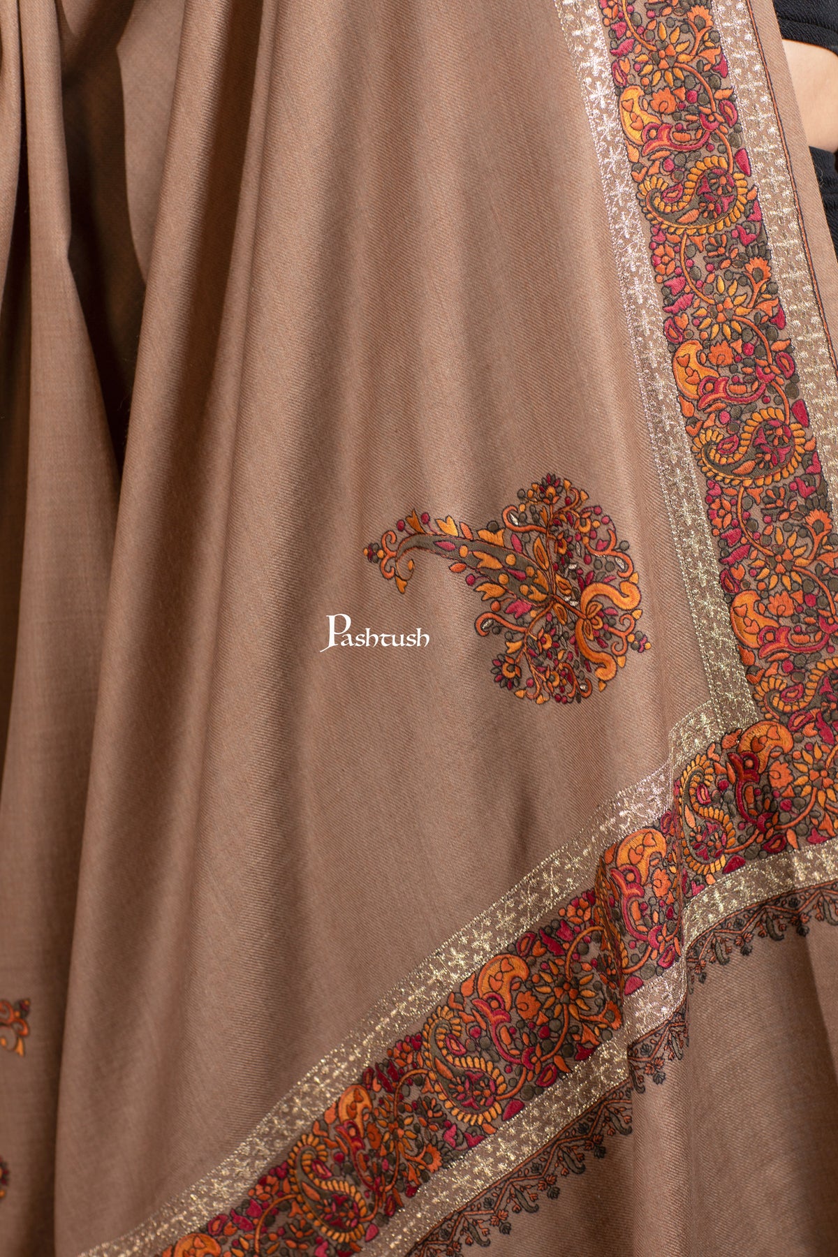 Pashtush His and Her Gift Set of Mens Palla Embroidery Shawl and Womens Fine Wool Tilla Border Shawls, Taupe, Packaged in Keepsake Wooden Chester Gift Box