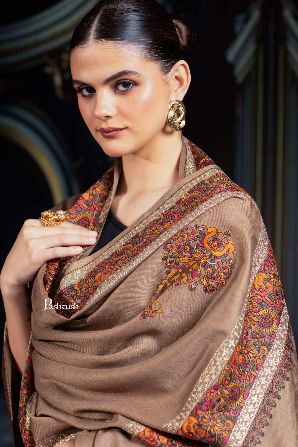 Pashtush His and Her Gift Set of Mens Palla Embroidery Shawl and Womens Fine Wool Tilla Border Shawls, Taupe, Packaged in Keepsake Wooden Chester Gift Box