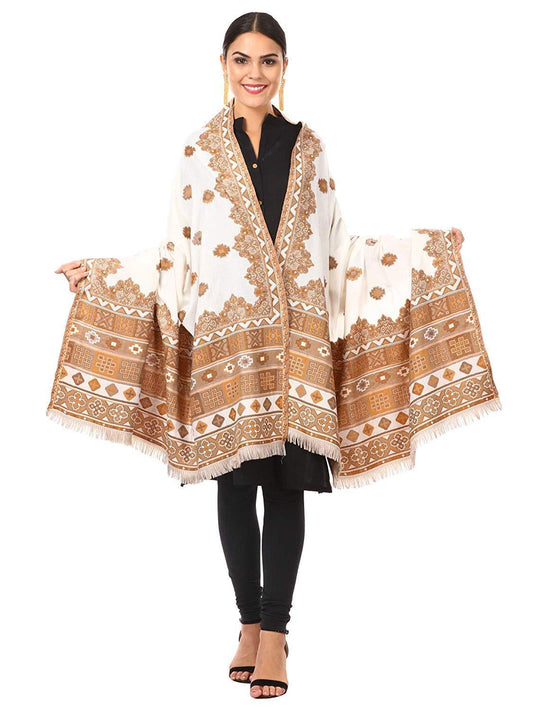 Pashtush India Shawl Pashtush Womens Kullu Jamawar Shawl, Faux Pashmina, Woven Jacquard Design with Kullu Weaving Design, Soft and Warm Faux Pashmina white