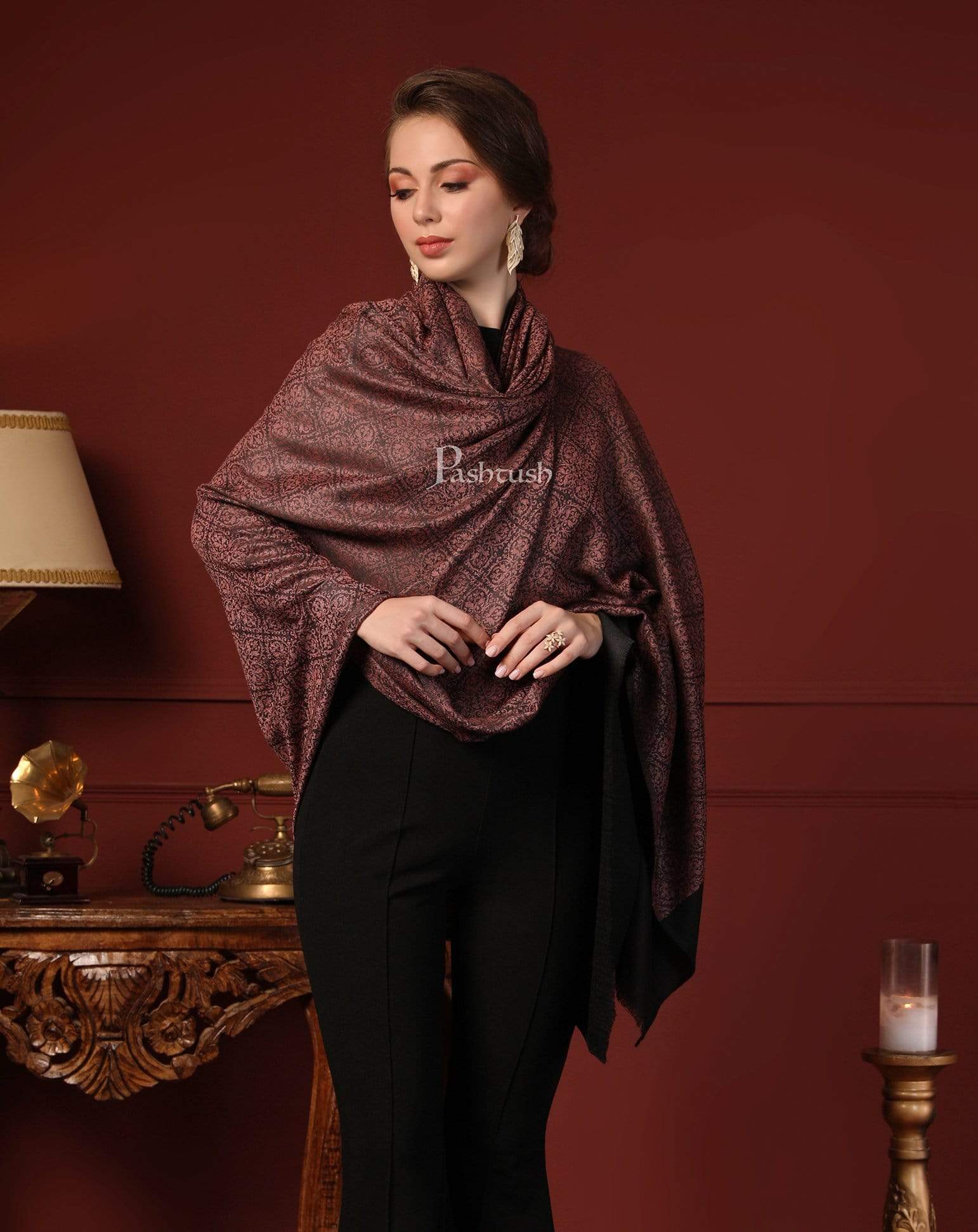 Pashtush India 114x228 Copy of Pashtush Womens Woven Paisley, Self Shawl, In Extra Soft Fine Wool, Large Wrap Size