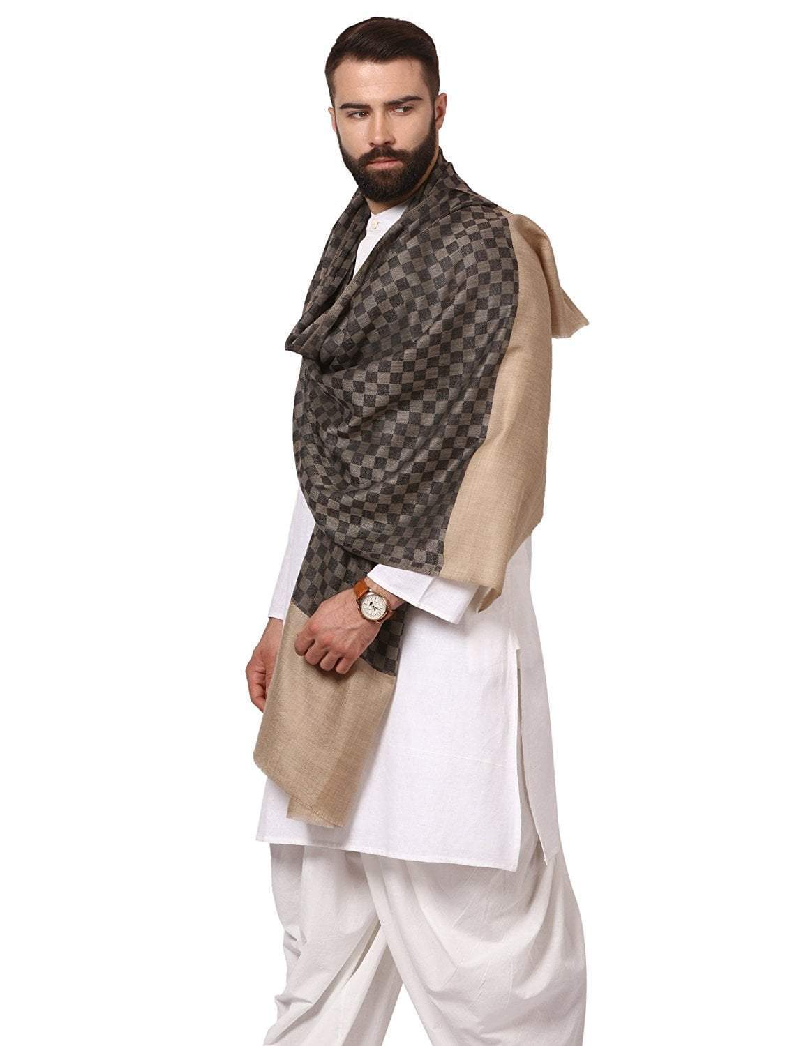 Pashtush India 70x200 Mens Pashmina Stole, Checkered Design, Extra-soft Cashmere Feel, Black