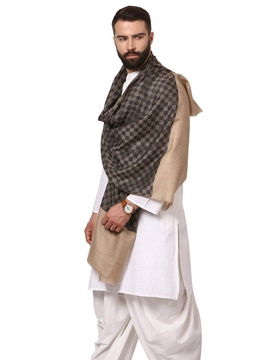 Pashtush India 70x200 Mens Pashmina Stole, Checkered Design, Extra-soft Cashmere Feel, Black