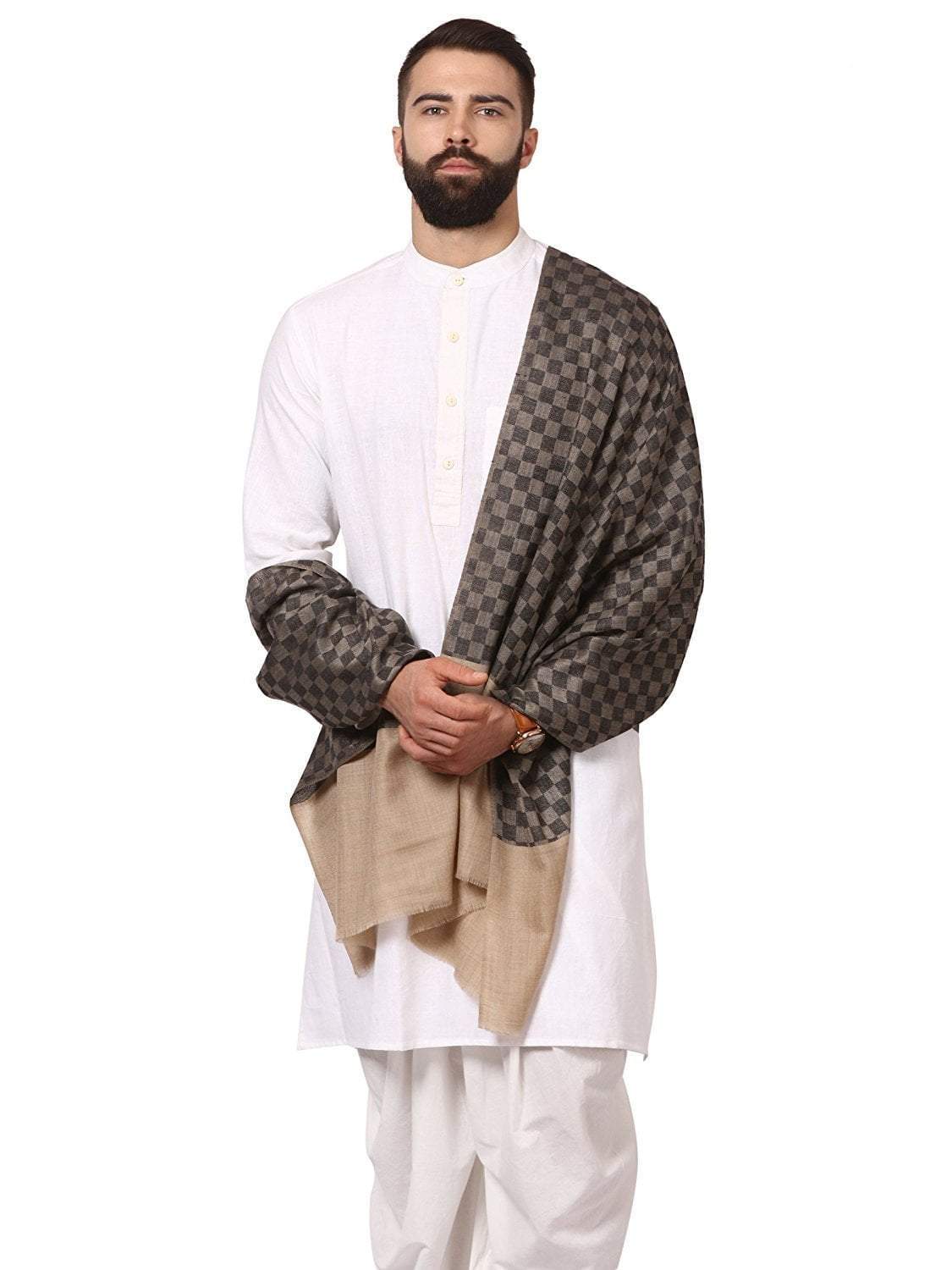 Pashtush India 70x200 Mens Pashmina Stole, Checkered Design, Extra-soft Cashmere Feel, Black