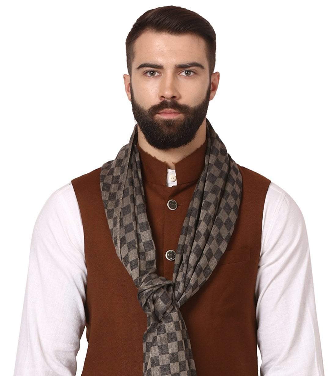 Pashtush India 70x200 Mens Pashmina Stole, Checkered Design, Extra-soft Cashmere Feel, Black