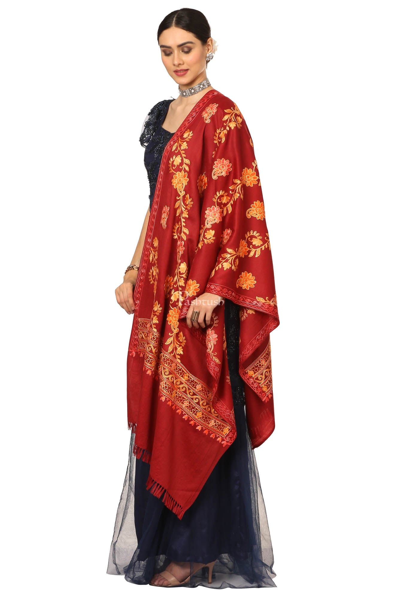 Pashtush India Womens Shawls Pashtush Aari Embroidery Stole, Fine Wool, Maroon