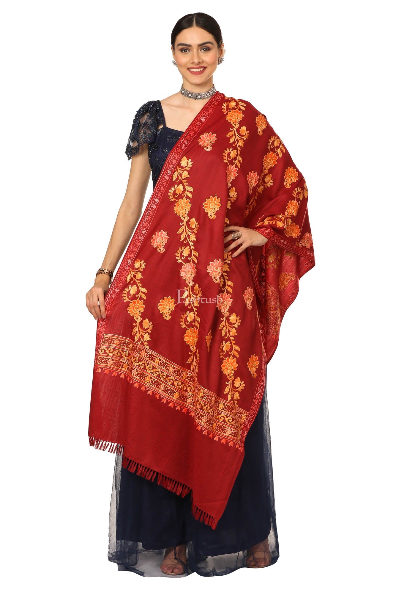 Pashtush India Womens Shawls Pashtush Aari Embroidery Stole, Fine Wool, Maroon