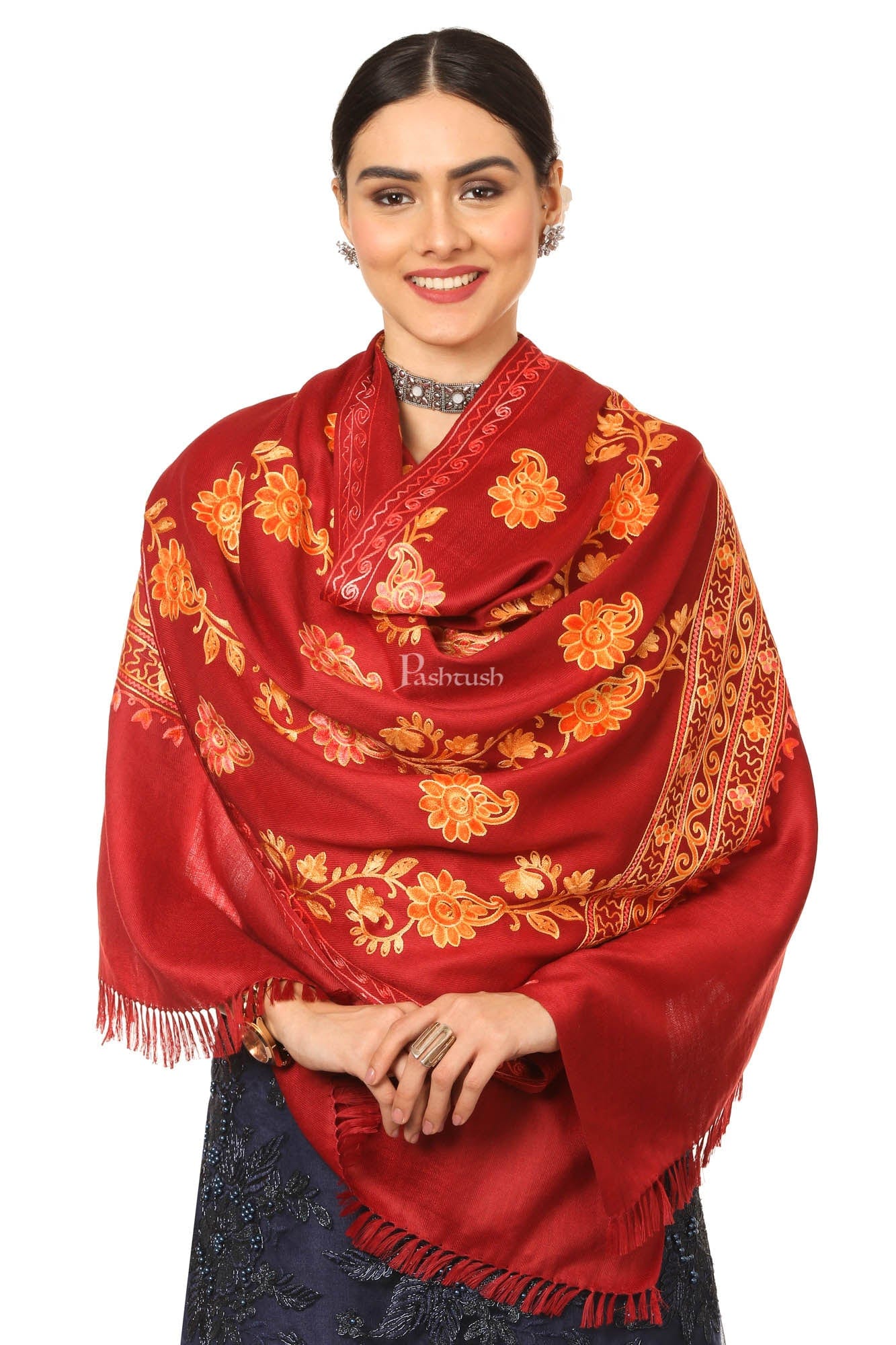 Pashtush India Womens Shawls Pashtush Aari Embroidery Stole, Fine Wool, Maroon