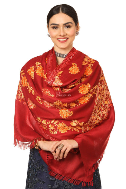 Pashtush India Womens Shawls Pashtush Aari Embroidery Stole, Fine Wool, Maroon