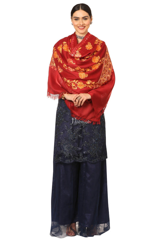 Pashtush India Womens Shawls Pashtush Aari Embroidery Stole, Fine Wool, Maroon