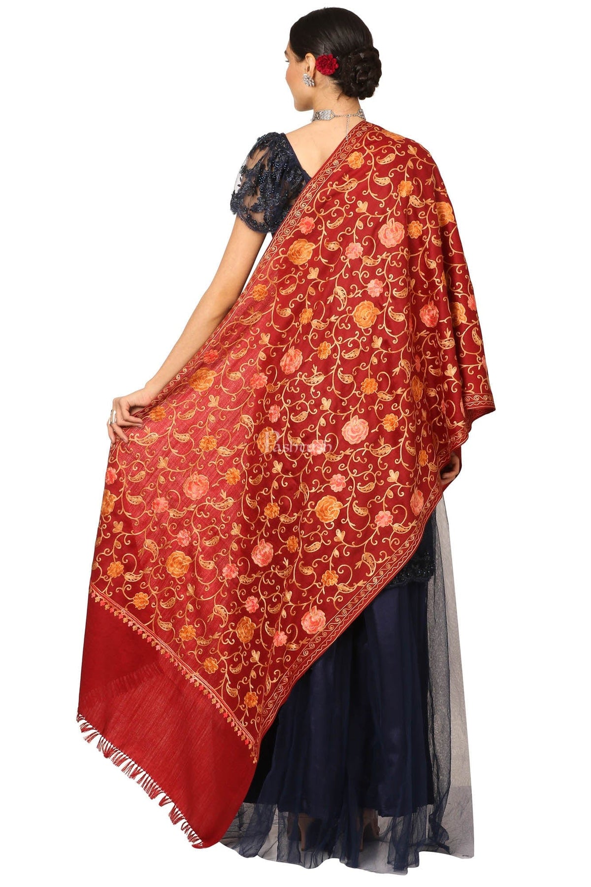 Pashtush India Womens Shawls Pashtush Aari Embroidery Stole, Fine Wool, Maroon