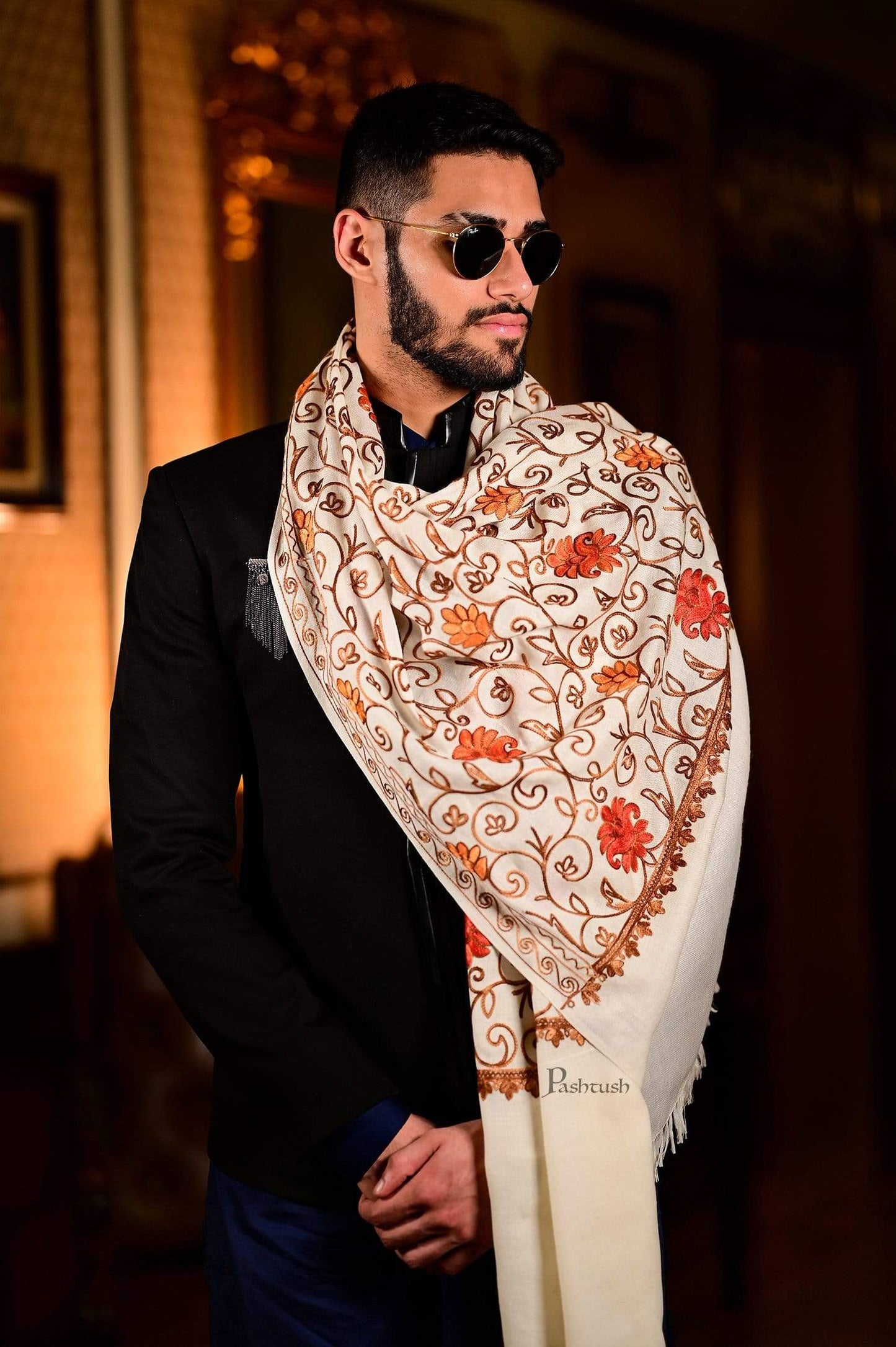 Pashtush India 70x200 Pashtush Aari Embroidery Stole, Fine Wool, White