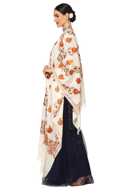 Pashtush India Womens Stoles and Scarves Scarf Pashtush Aari Embroidery Stole, Fine Wool, White