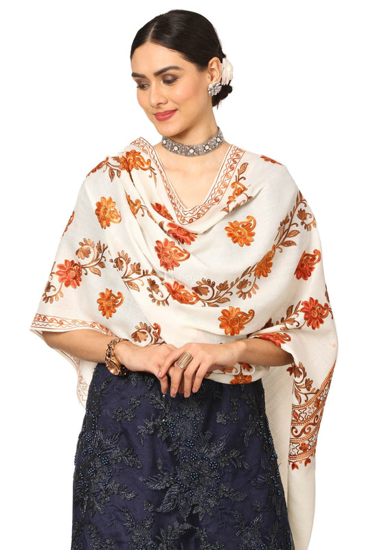 Pashtush India Womens Stoles and Scarves Scarf Pashtush Aari Embroidery Stole, Fine Wool, White