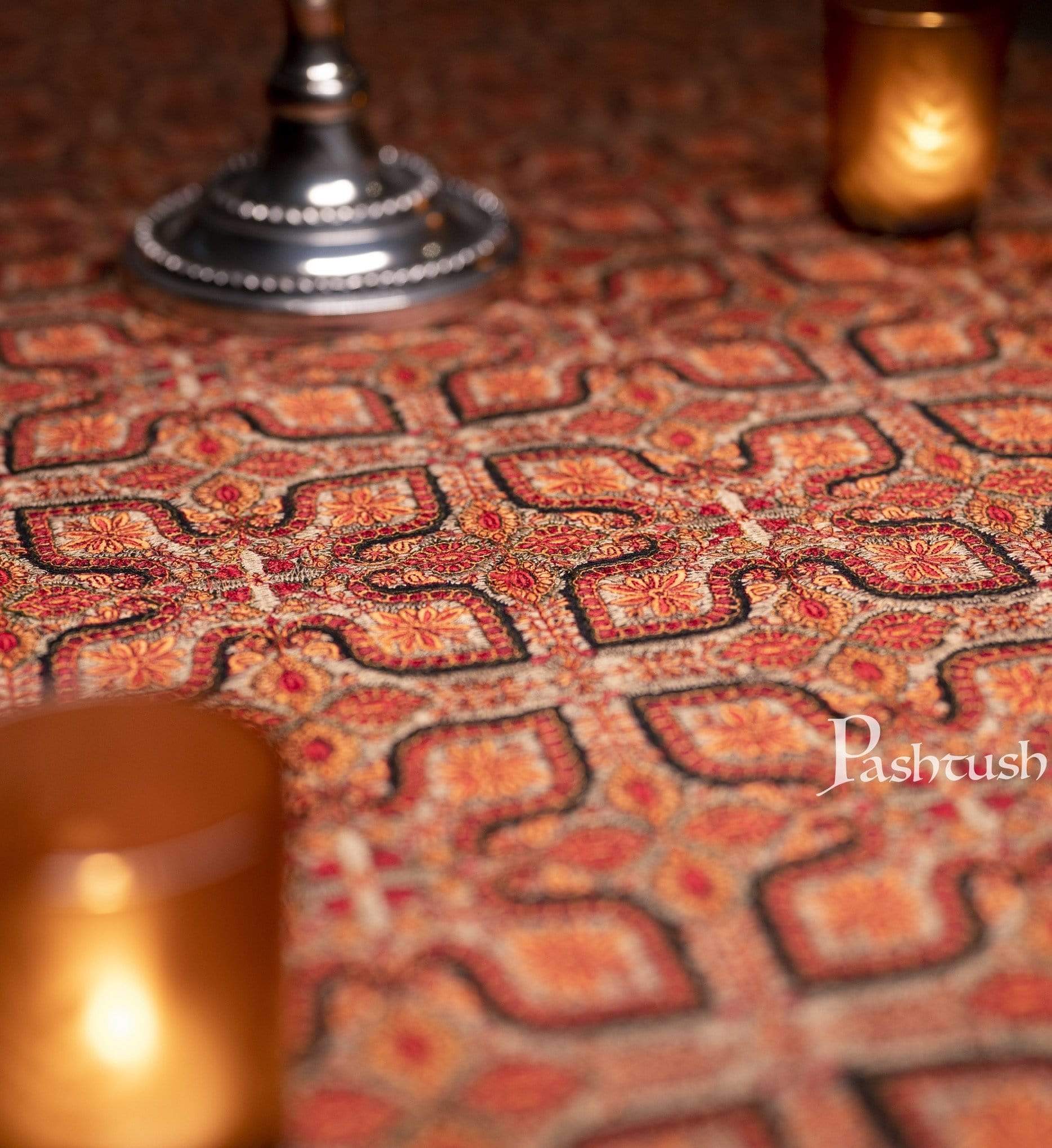 Pashtush India 100x200 Pashtush Embroidered Table Runner, 100% Pure Wool (Woolmark Certified)
