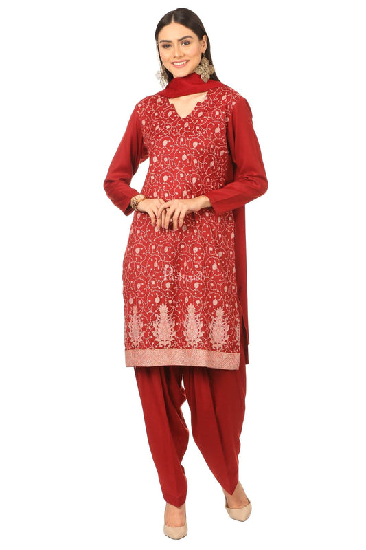 Pashtush India Womens Stoles and Scarves Scarf Pashtush Embroidery Suit, Fine Wool (Unstitched) -  Maroon