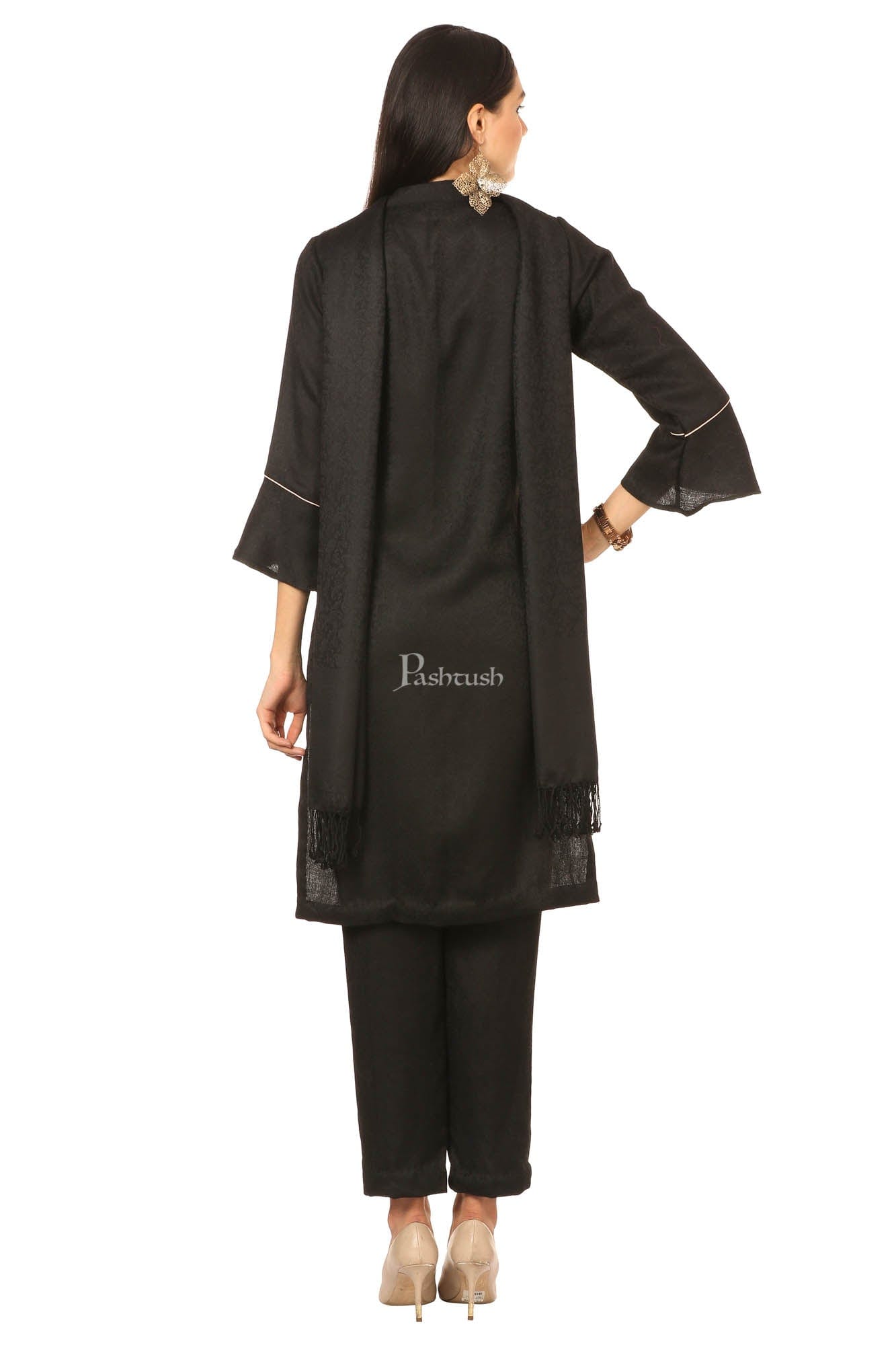 Pashtush India Womens Stoles and Scarves Scarf Pashtush Embroidery Suit, Fine Wool (Unstitched) - Rich Black