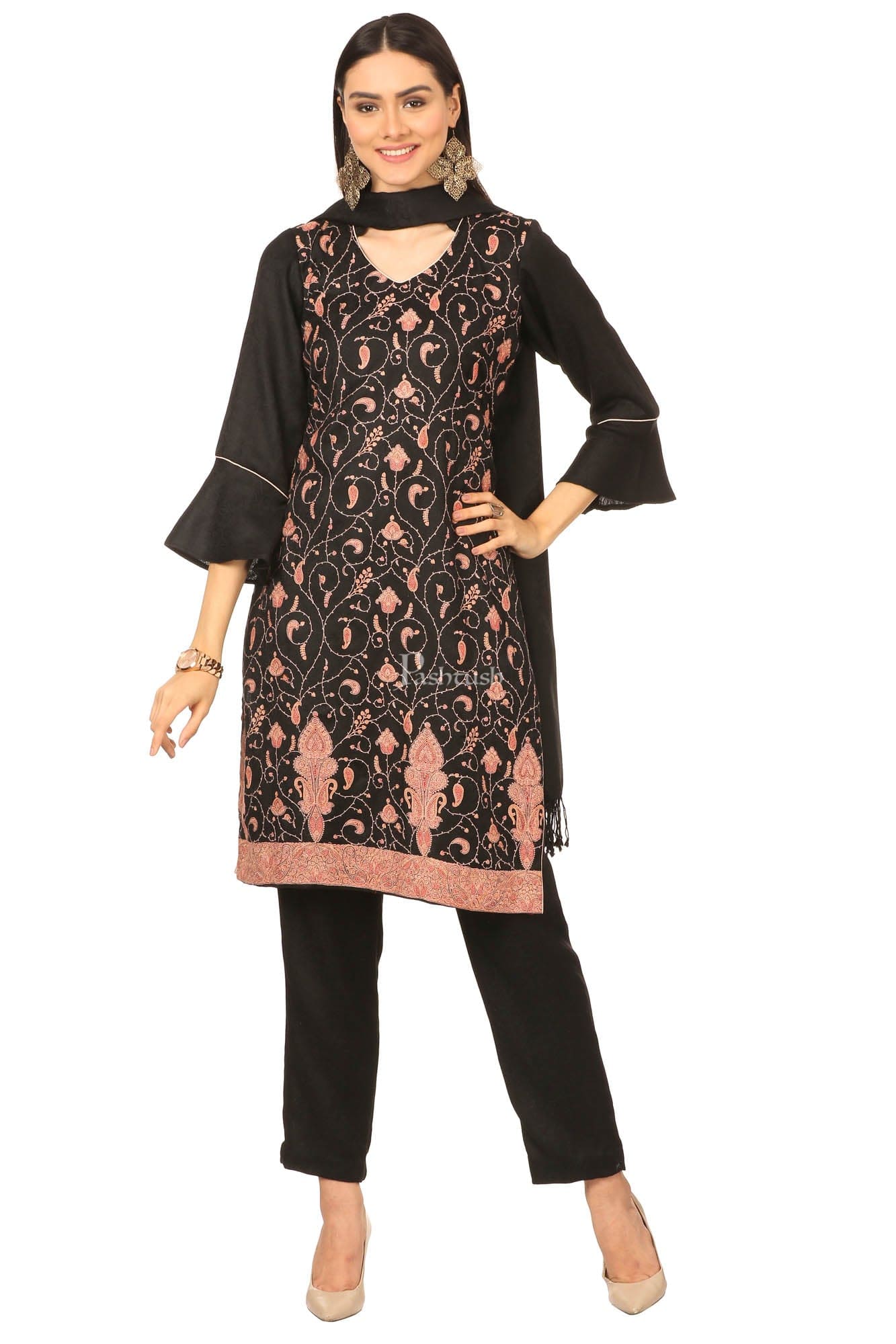 Pashtush India Womens Stoles and Scarves Scarf Pashtush Embroidery Suit, Fine Wool (Unstitched) - Rich Black