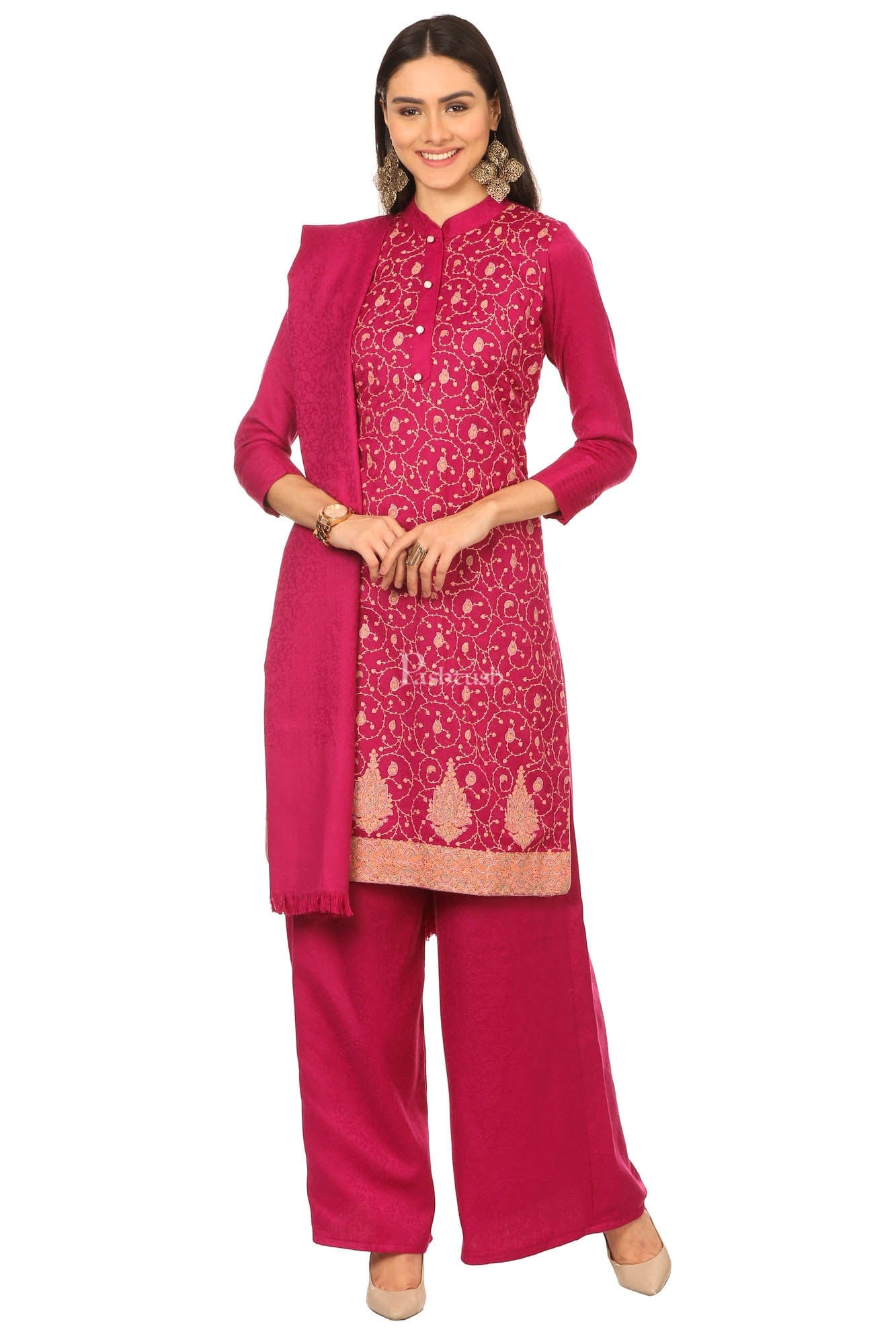 Pashtush India Womens Stoles and Scarves Scarf Pashtush Embroidery, With Self Stole (Unstitched) - Rich Pink