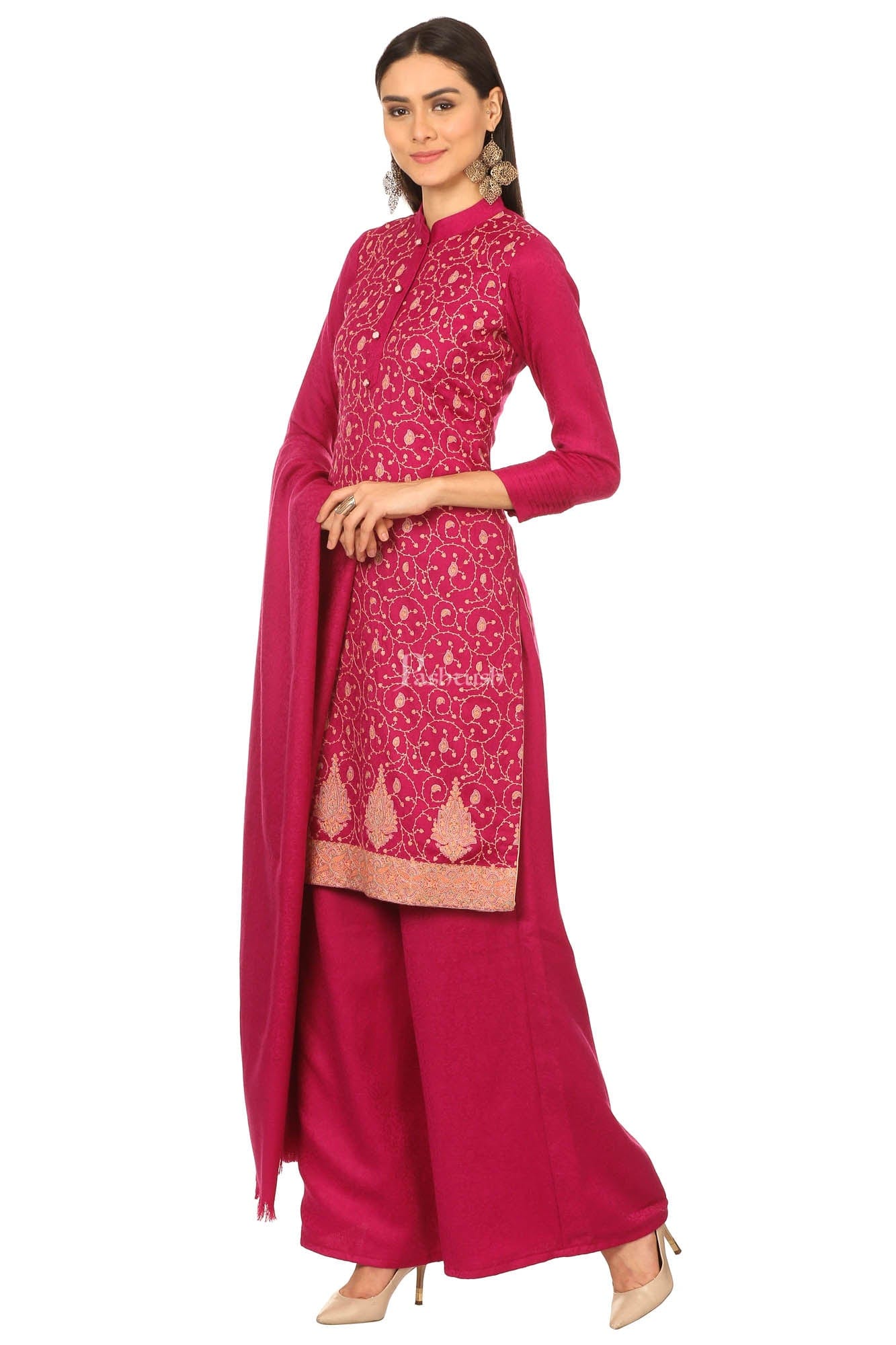 Pashtush India Womens Stoles and Scarves Scarf Pashtush Embroidery, With Self Stole (Unstitched) - Rich Pink