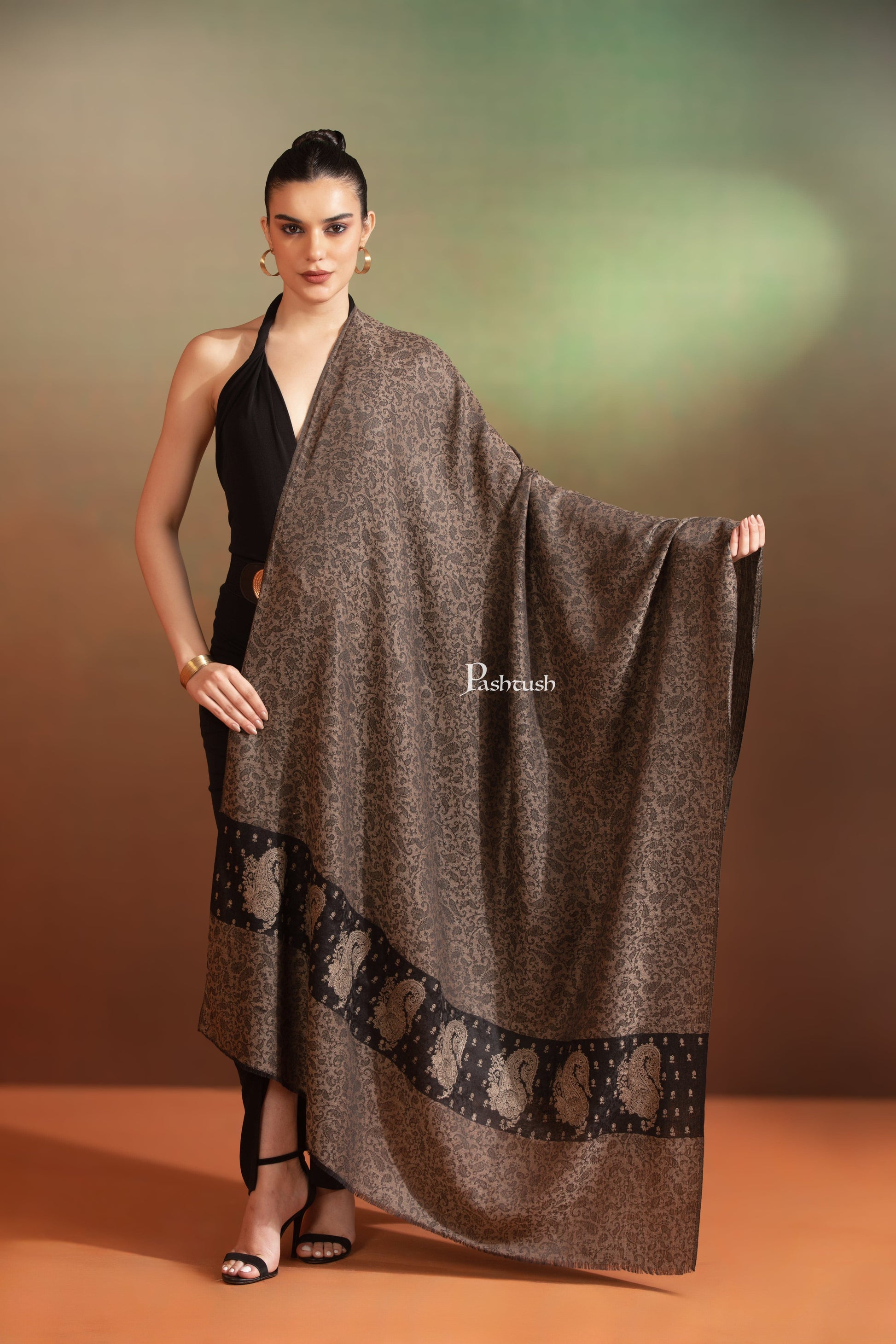 Pashtush India Womens Shawls Pashtush  Extra Fine Wool Shawl, Tone On Tone Palla Embroidery Design, Black