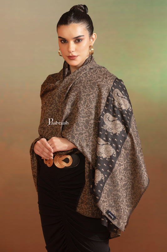 Pashtush India Womens Shawls Pashtush  Extra Fine Wool Shawl, Tone On Tone Palla Embroidery Design, Black