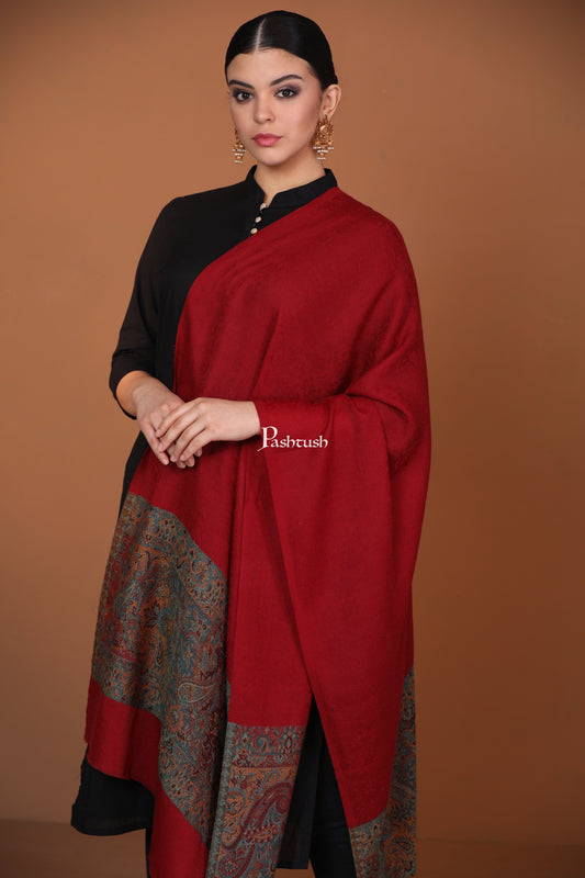Pashtush India Womens Stoles and Scarves Scarf Pashtush Extra Fine Wool Stole, Ethnic palla Design - Maroon