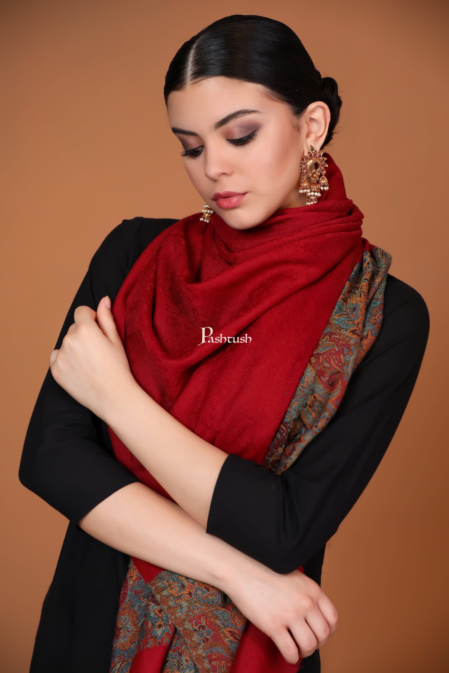 Pashtush India Womens Stoles and Scarves Scarf Pashtush Extra Fine Wool Stole, Ethnic palla Design - Maroon