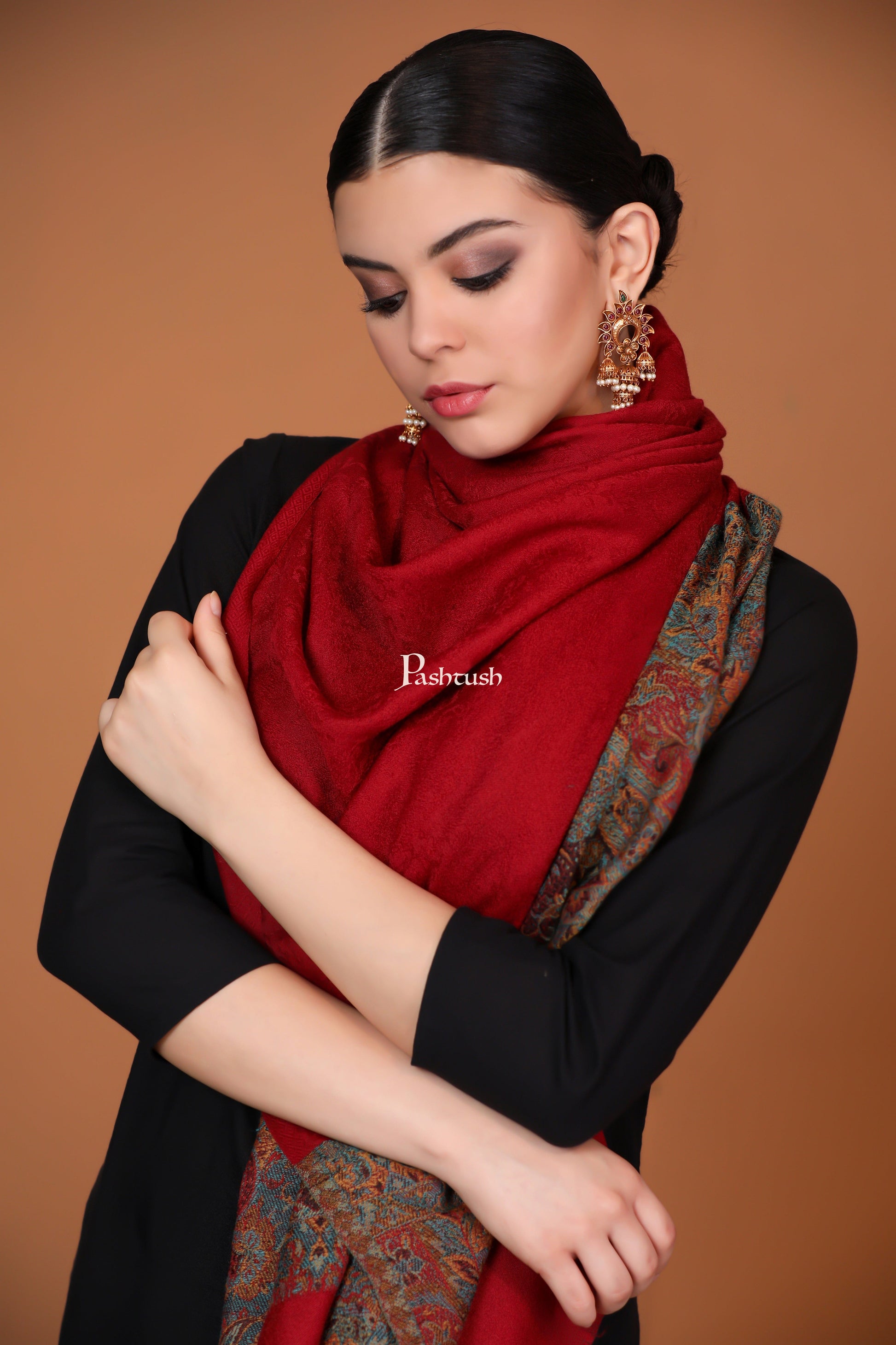 Pashtush India Womens Stoles and Scarves Scarf Pashtush Extra Fine Wool Stole, Ethnic palla Design - Maroon