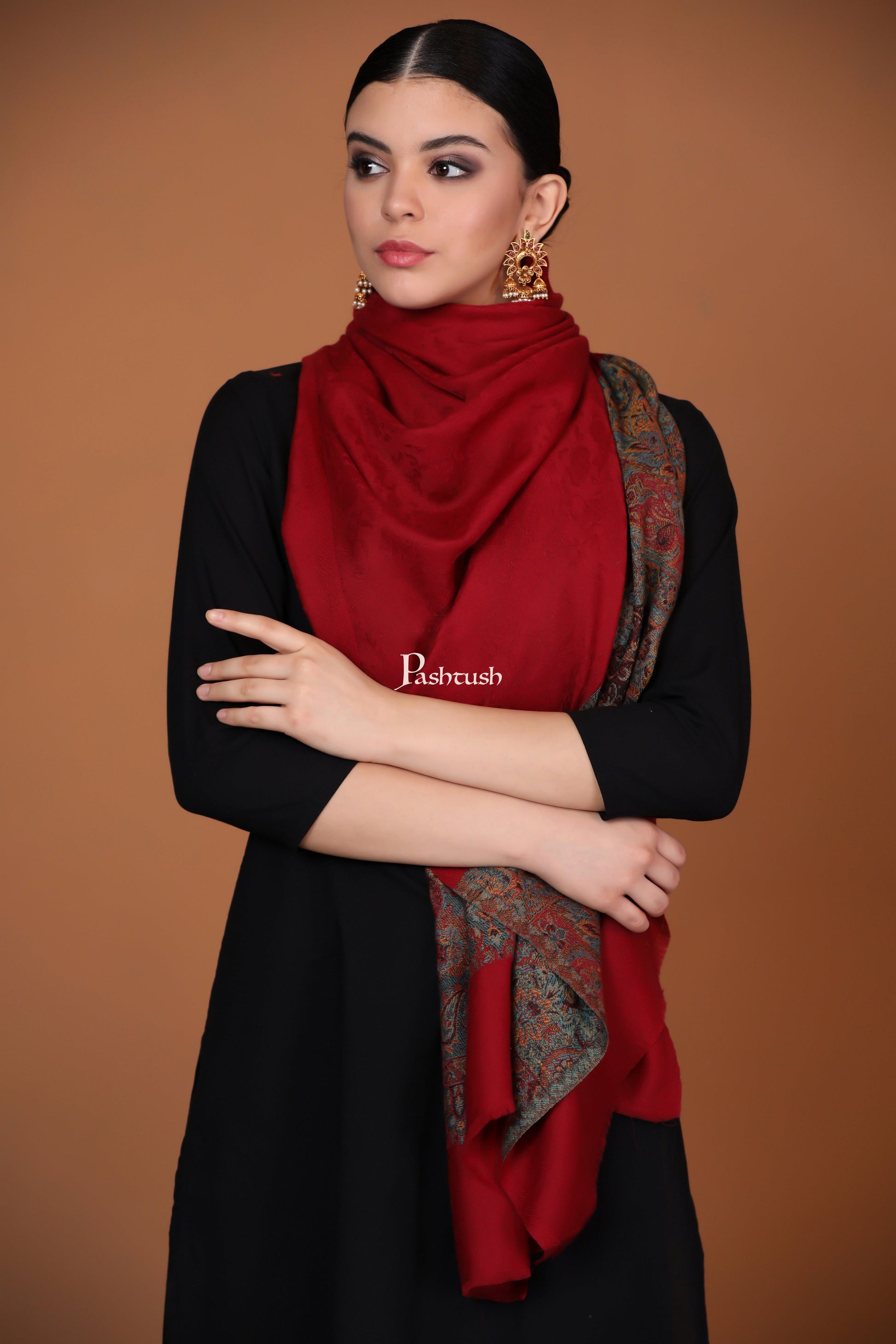 Pashtush India Womens Stoles and Scarves Scarf Pashtush Extra Fine Wool Stole, Ethnic palla Design - Maroon