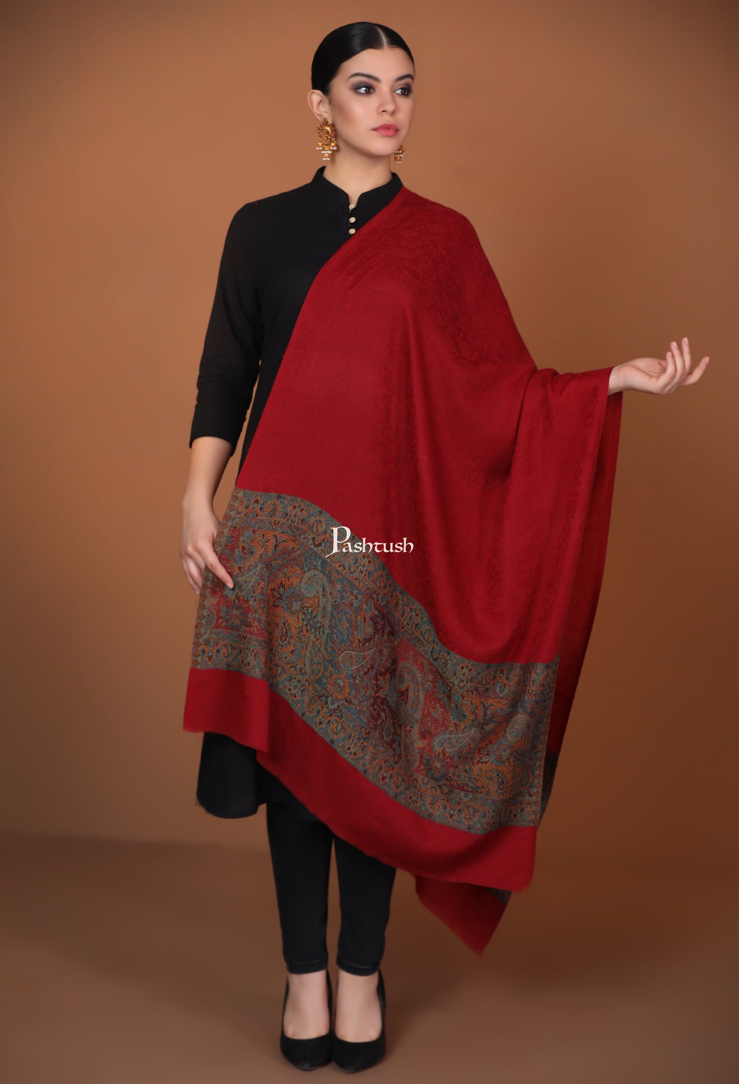 Pashtush India Womens Stoles and Scarves Scarf Pashtush Extra Fine Wool Stole, Ethnic palla Design - Maroon