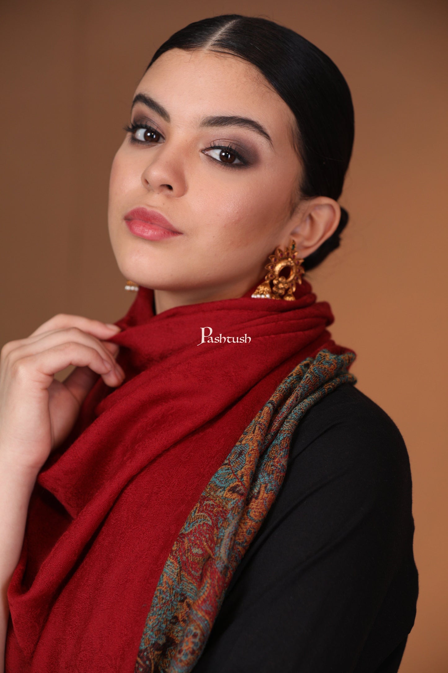 Pashtush India Womens Stoles and Scarves Scarf Pashtush Extra Fine Wool Stole, Ethnic palla Design - Maroon