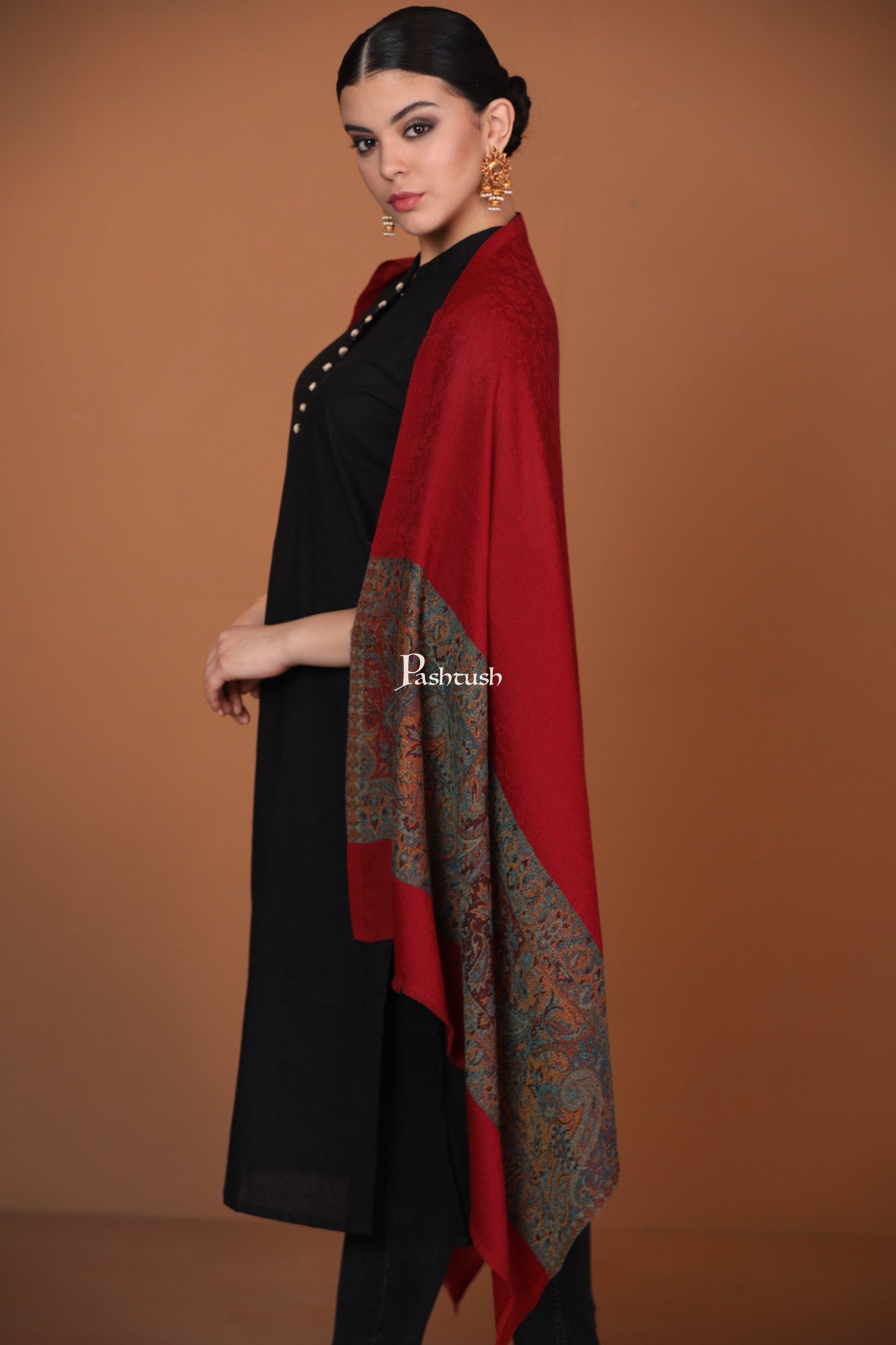 Pashtush India Womens Stoles and Scarves Scarf Pashtush Extra Fine Wool Stole, Ethnic palla Design - Maroon