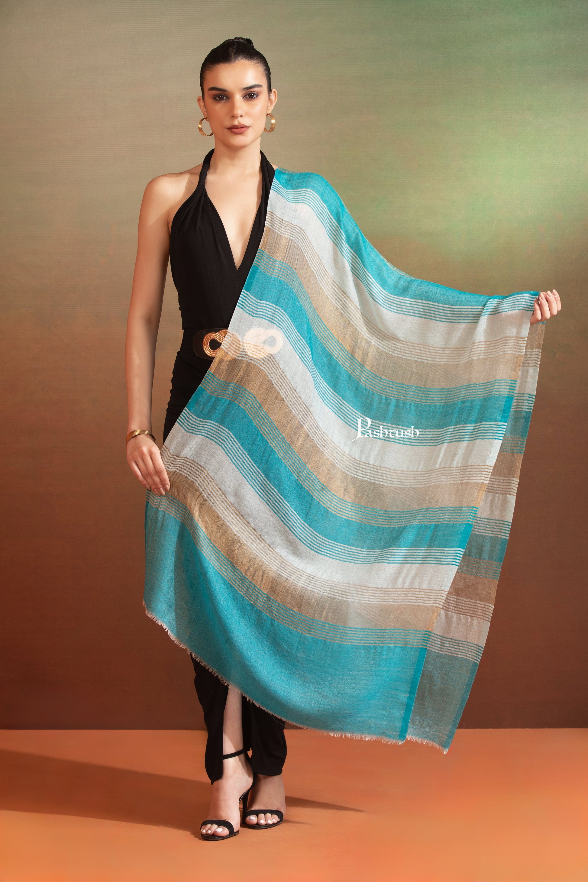 Pashtush India Womens Stoles and Scarves Scarf Pashtush  Extra Fine Wool Stole, Twilight Collection, Shimmery Weave Blue And Gold