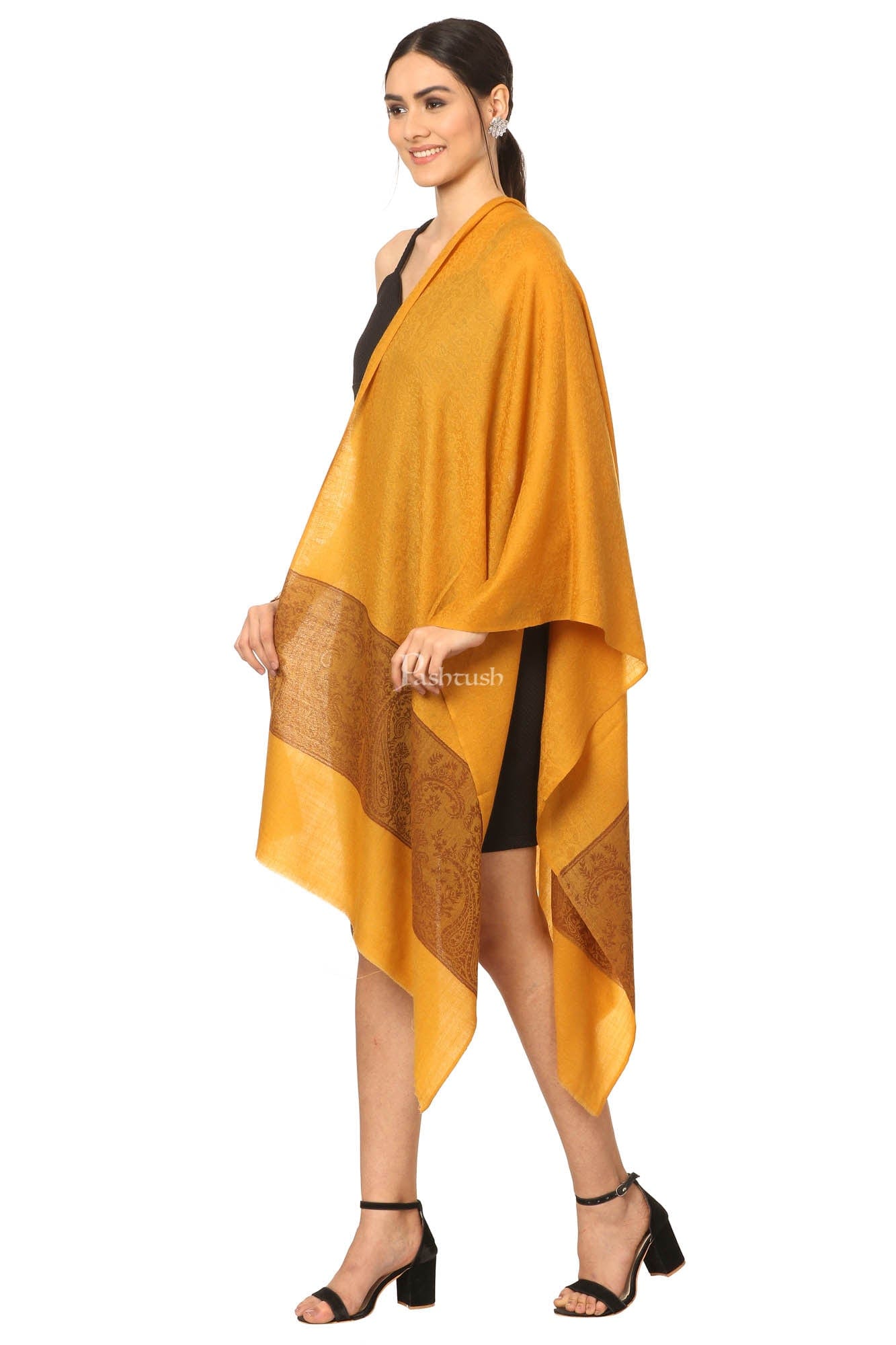 Pashtush India Womens Stoles and Scarves Scarf Pashtush Fine Wool Luxury Paisley Design Scarf, Stole, Weaving Design - Mustard