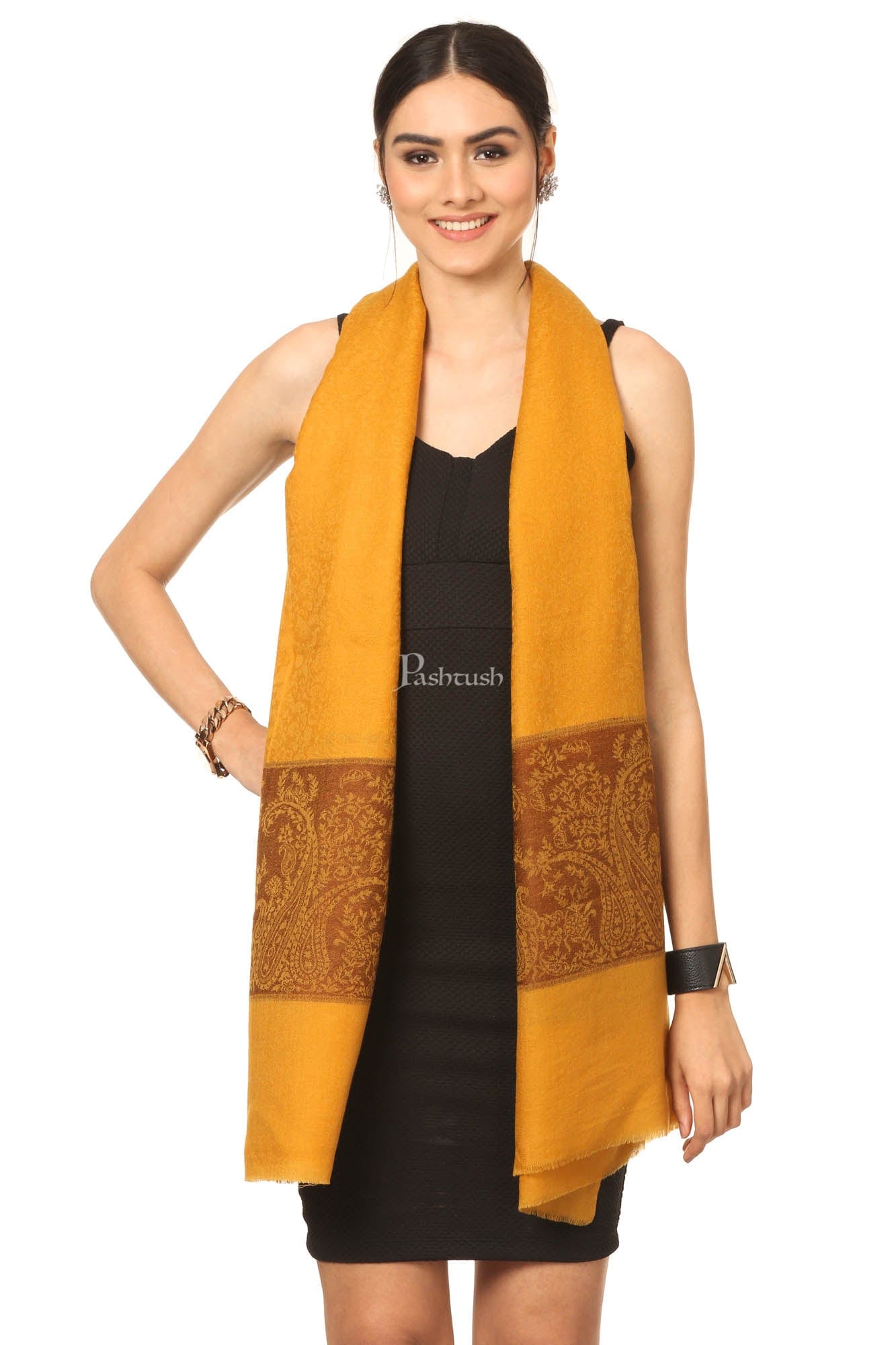 Pashtush India Womens Stoles and Scarves Scarf Pashtush Fine Wool Luxury Paisley Design Scarf, Stole, Weaving Design - Mustard