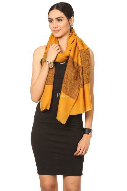 Pashtush India Womens Stoles and Scarves Scarf Pashtush Fine Wool Luxury Paisley Design Scarf, Stole, Weaving Design - Mustard