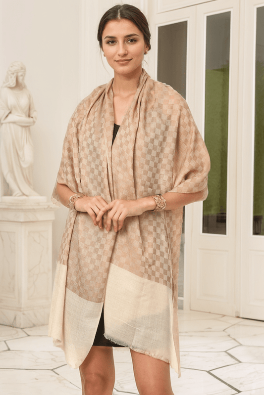 Pashtush India Womens Stoles and Scarves Scarf Pashtush Fine Wool Luxury Striped Design Scarf, Stole, Weaving Design - Beige