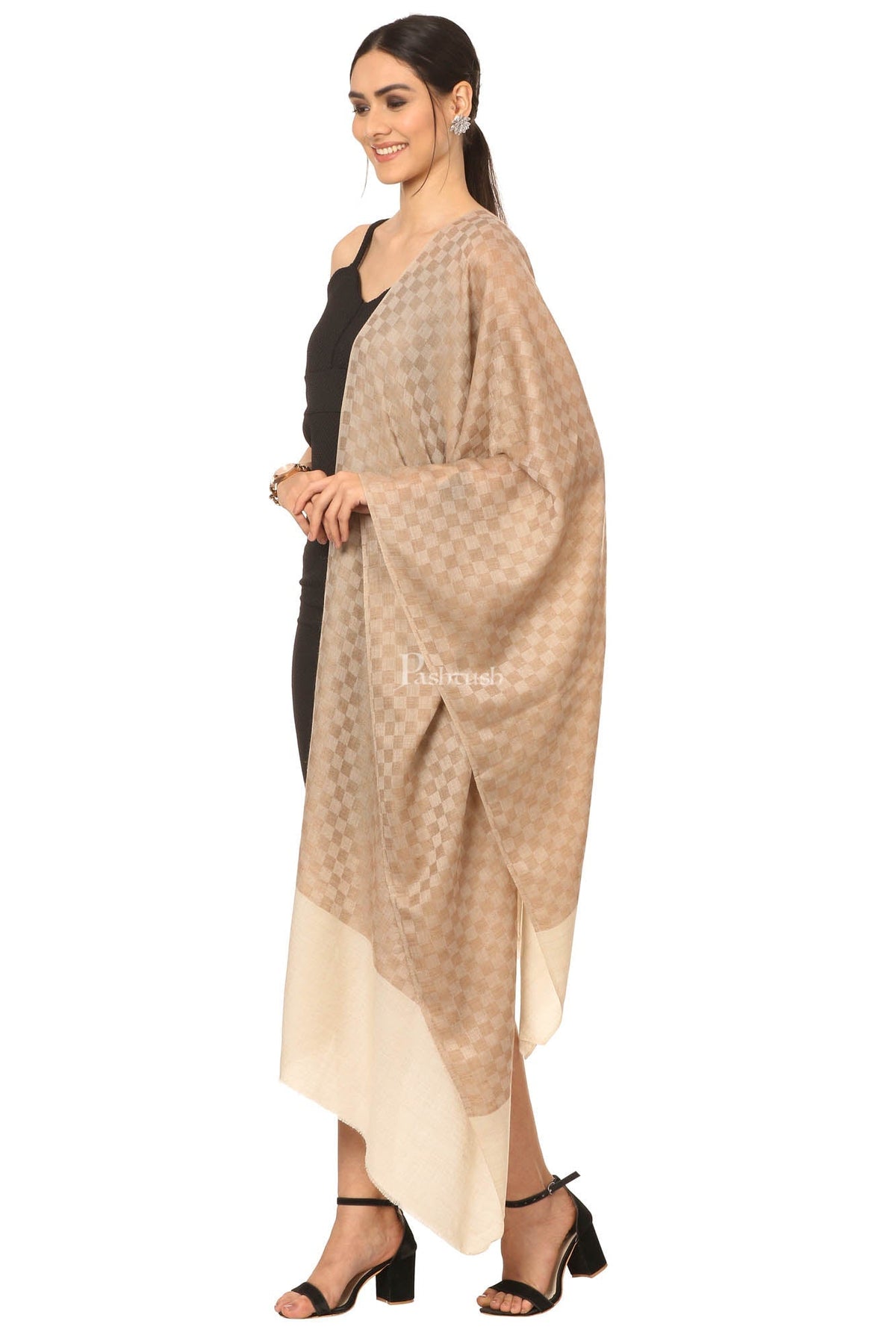 Pashtush India Womens Stoles and Scarves Scarf Pashtush Fine Wool Luxury Striped Design Scarf, Stole, Weaving Design - Beige
