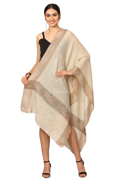 Pashtush India Womens Stoles and Scarves Scarf Pashtush Fine Wool Luxury Striped Design Scarf, Stole, Weaving Design - Beige