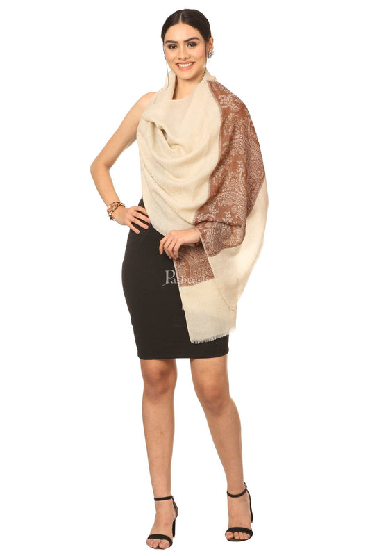Pashtush India Womens Stoles and Scarves Scarf Pashtush Fine Wool Luxury Striped Design Scarf, Stole, Weaving Design - Coffee