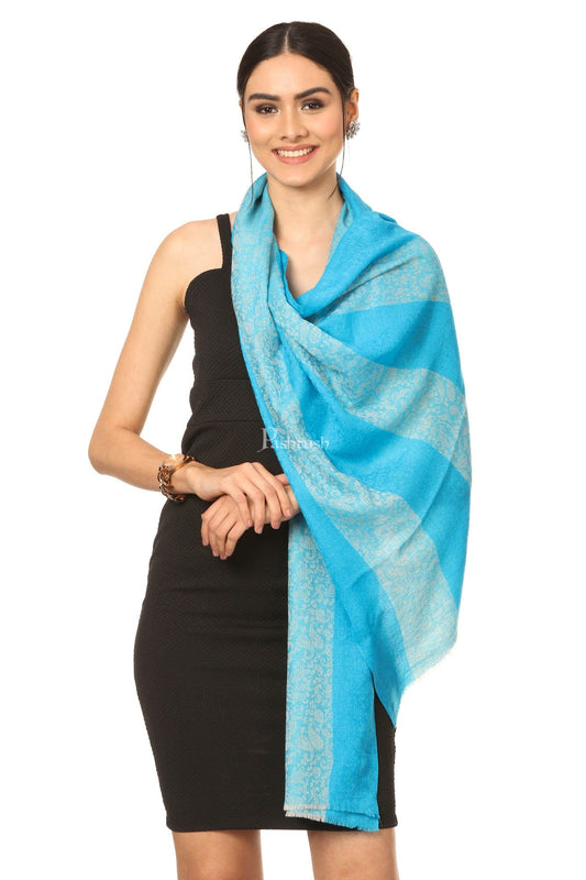 Pashtush India Womens Stoles and Scarves Scarf Pashtush Fine Wool Luxury Striped Design Scarf, Stole, Weaving Design - Ferozi